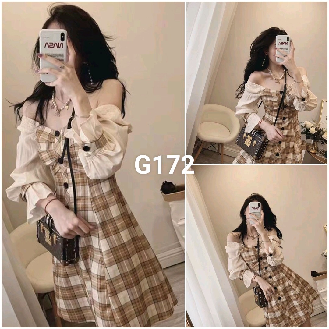 Đầm trể vai tay đai đính nút dáng xòe caro cao cấp g172