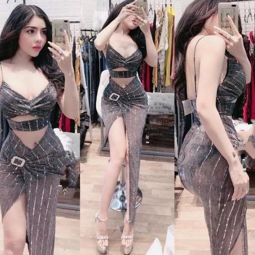 Đầm body kim sa 2 dây hở eo sexy