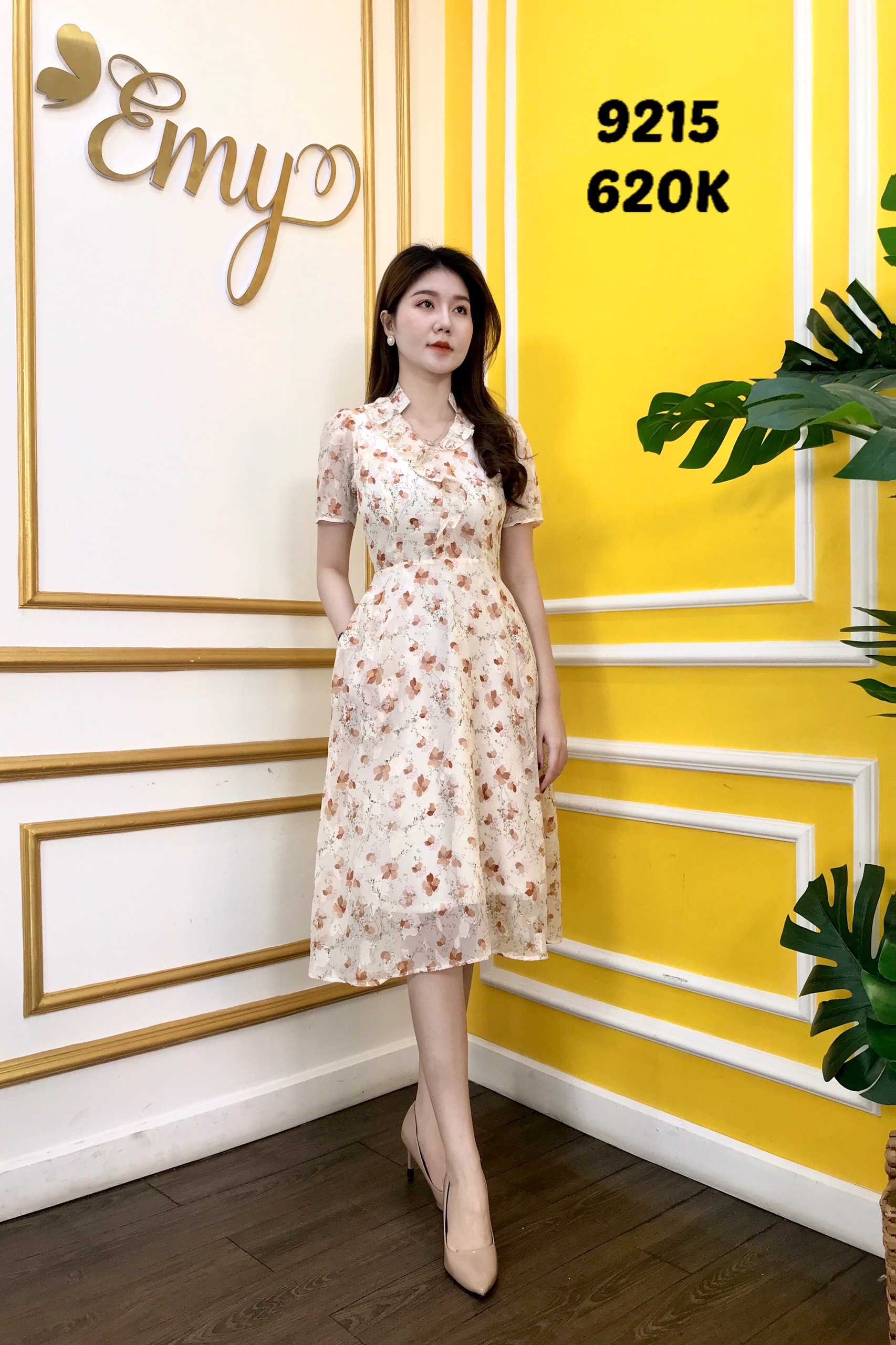Đầm EMY EM9215 Váy Xoè Cổ Bèo Cách Điệu