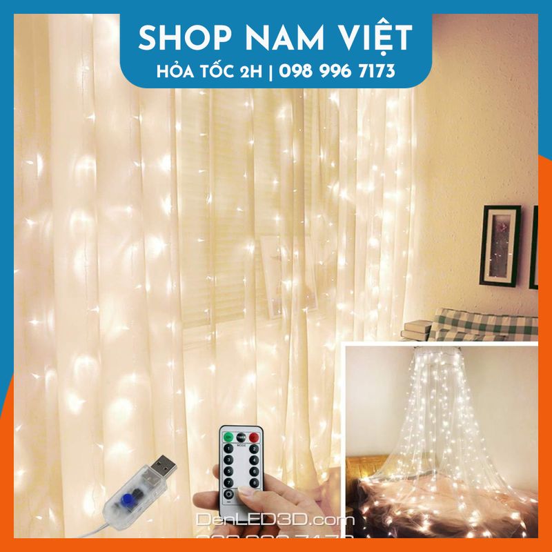 Dây đèn led trang trí rèm cửa 300 bóng 10 sợi 3x3 mét kèm remote