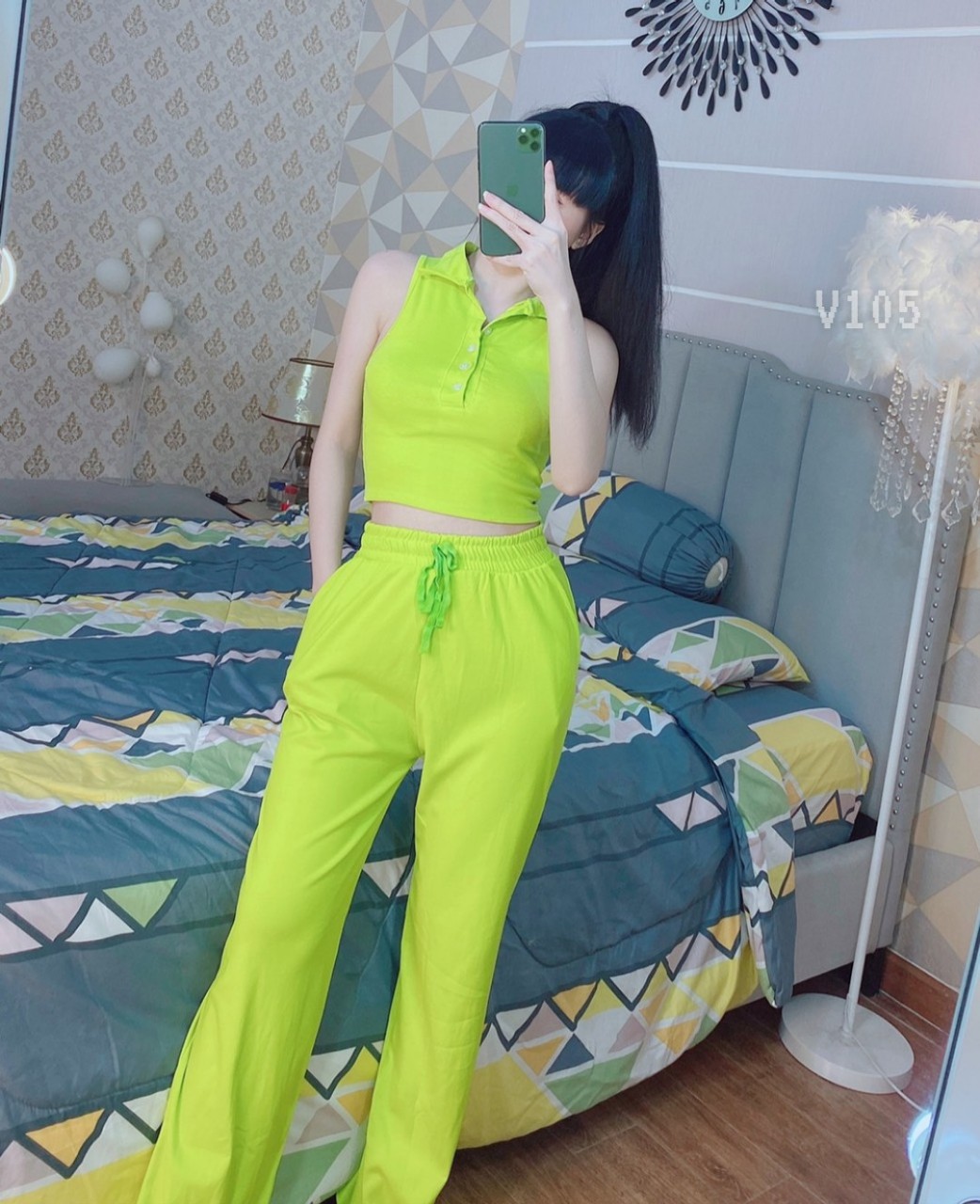 Sét áo croptop cổ sơ mi quần ống rộng-ZU