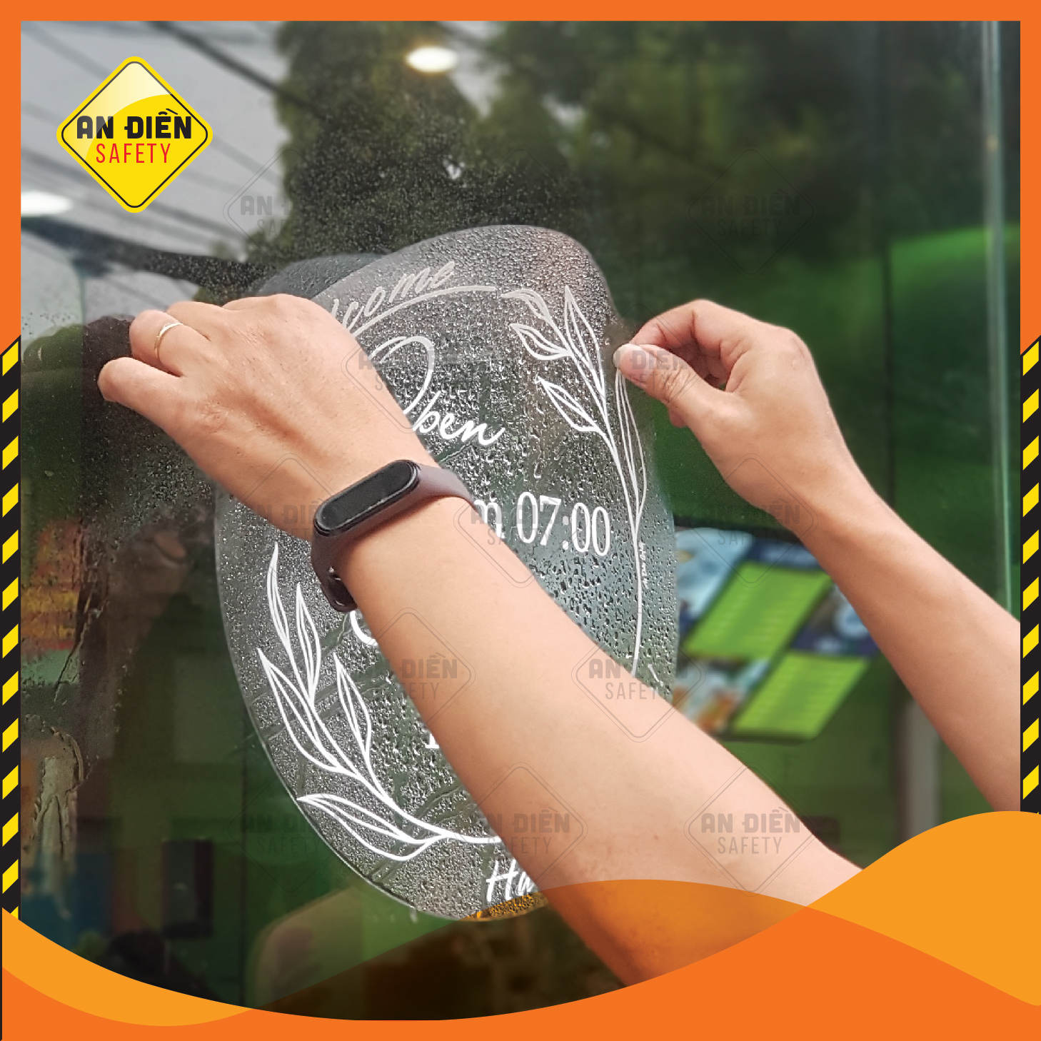 Decal stickers glass door opening hours round shape-opening hours security Fill Safety