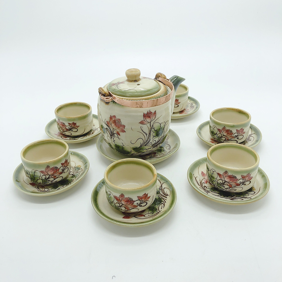 Bộ ấm chén/ Bộ bình trà men da lươn vẽ sen gốm sứ Bát Tràng