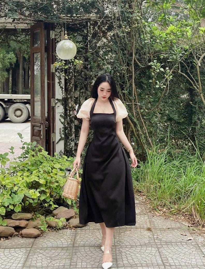 Đầm Tiểu Thư Tay Phồng Cổ Vuông, Đầm Xoè Đi Tiệc,Váy Đầm Nữ Dáng Dài, Đầm váy nữ body cổ vuông cao cấp dự tiệc sang chảnh 2 màu tay bồng