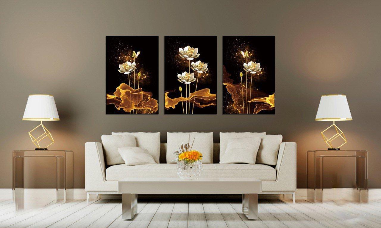Lalashop - Tranh Hoa sen treo tường phòng khách có khung trang trí decor phòng khách phòng bộ 3 bức Tranh Canvas Tráng gương treo tường Hoa Sen nghệ thuật 3d hiện đại