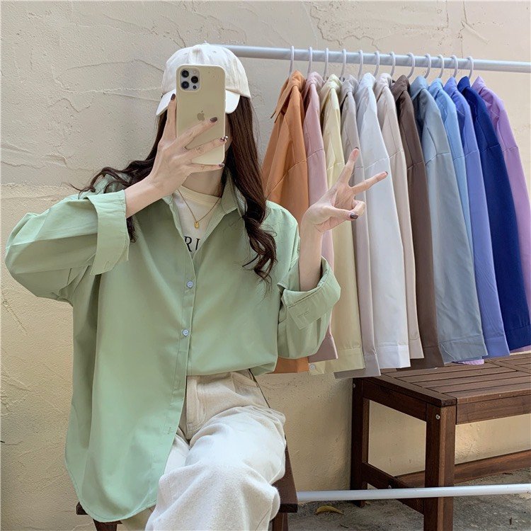 Áo sơ mi nữ dài tay form rộng ulzzang kiểu hàn basic màu trắng xanh nâu vàng tím dễ phối đồ