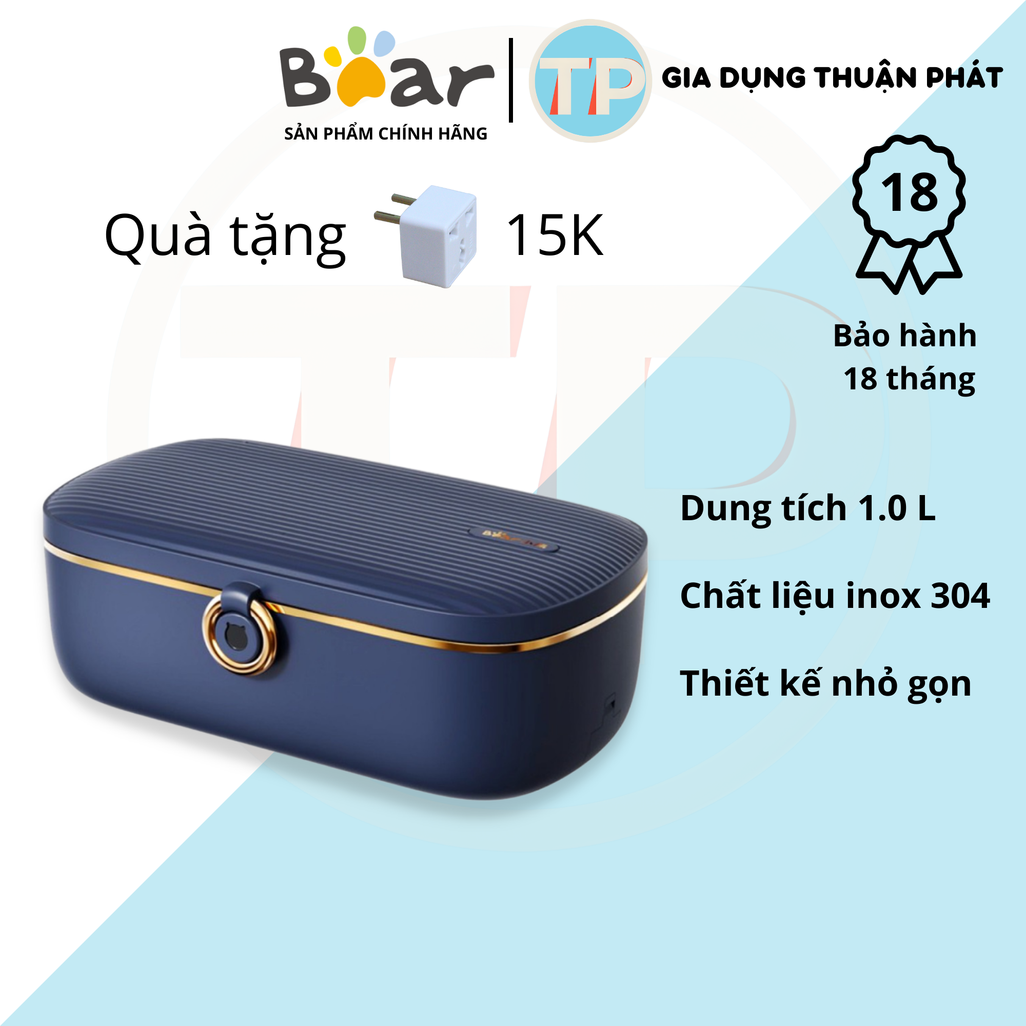 Hộp cơm cắm điện Bear DFH-P09D1, 1.0 lít, nấu chín, hâm nóng và giữ nhiệt cho thức ăn, dùng inox 304, dùng cho văn phòng