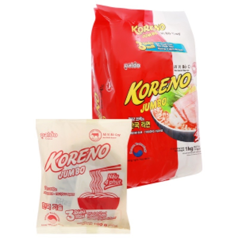Bịch 10 gói mì Koreno vị kim chi/bò cay 100g