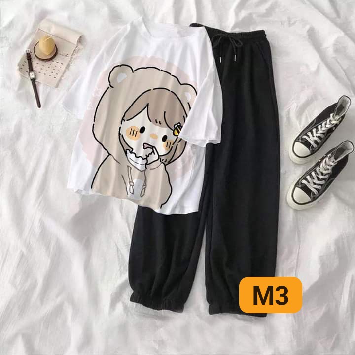(sỉ lẻ quần áo)Sét 2 món áo thun hình kèm quần đùi cute