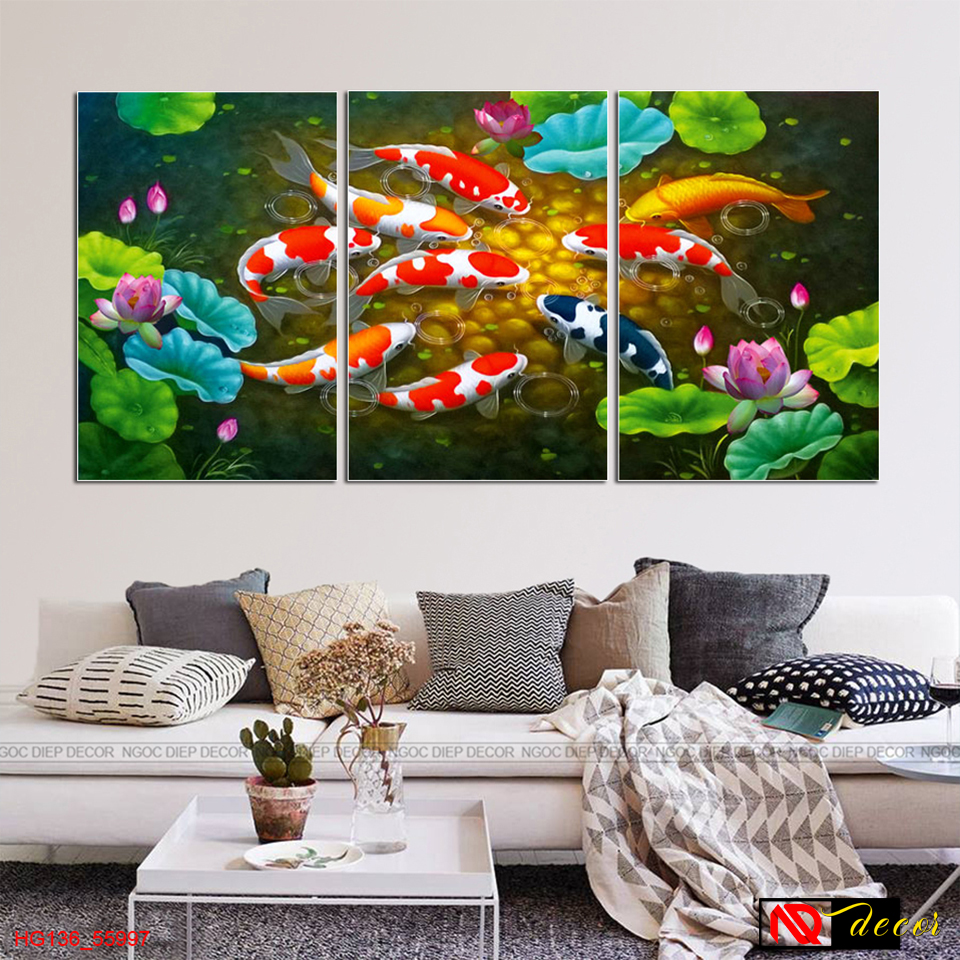 Tranh dán tường Cửu Ngư Phát Lộc 3D -Tranh décor phong cách hiện đại