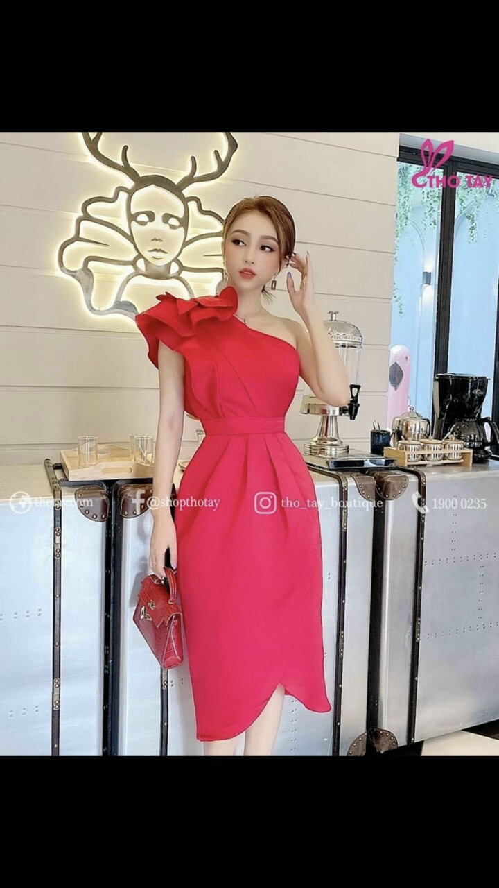 [HCM]ĐẦM LỆCH VAI XẾP NƠ EO XẾP LY SANG CHẢNH