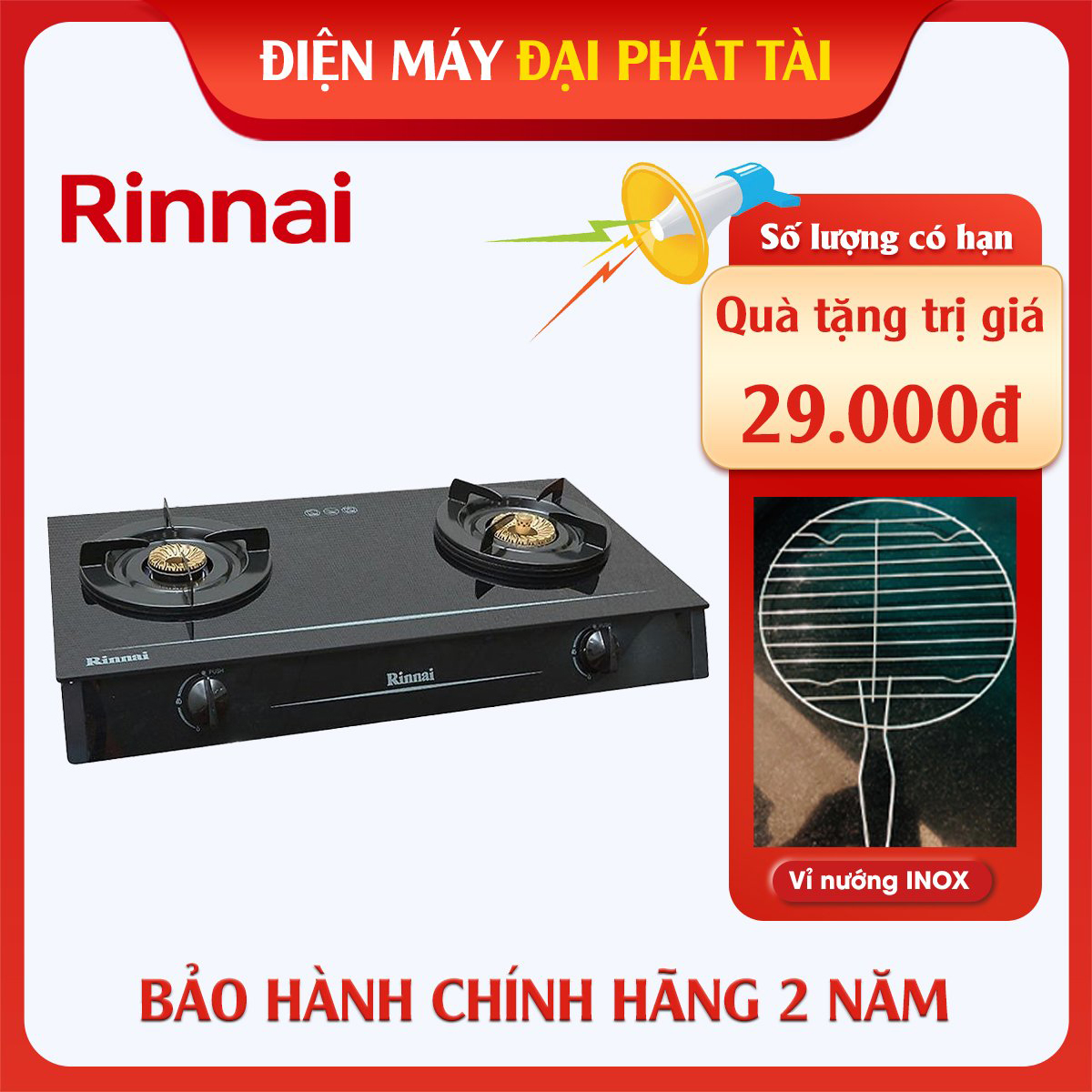 [HCM]Bếp ga đôi Rinnai RV-6 Double Glass(L) (Đen)