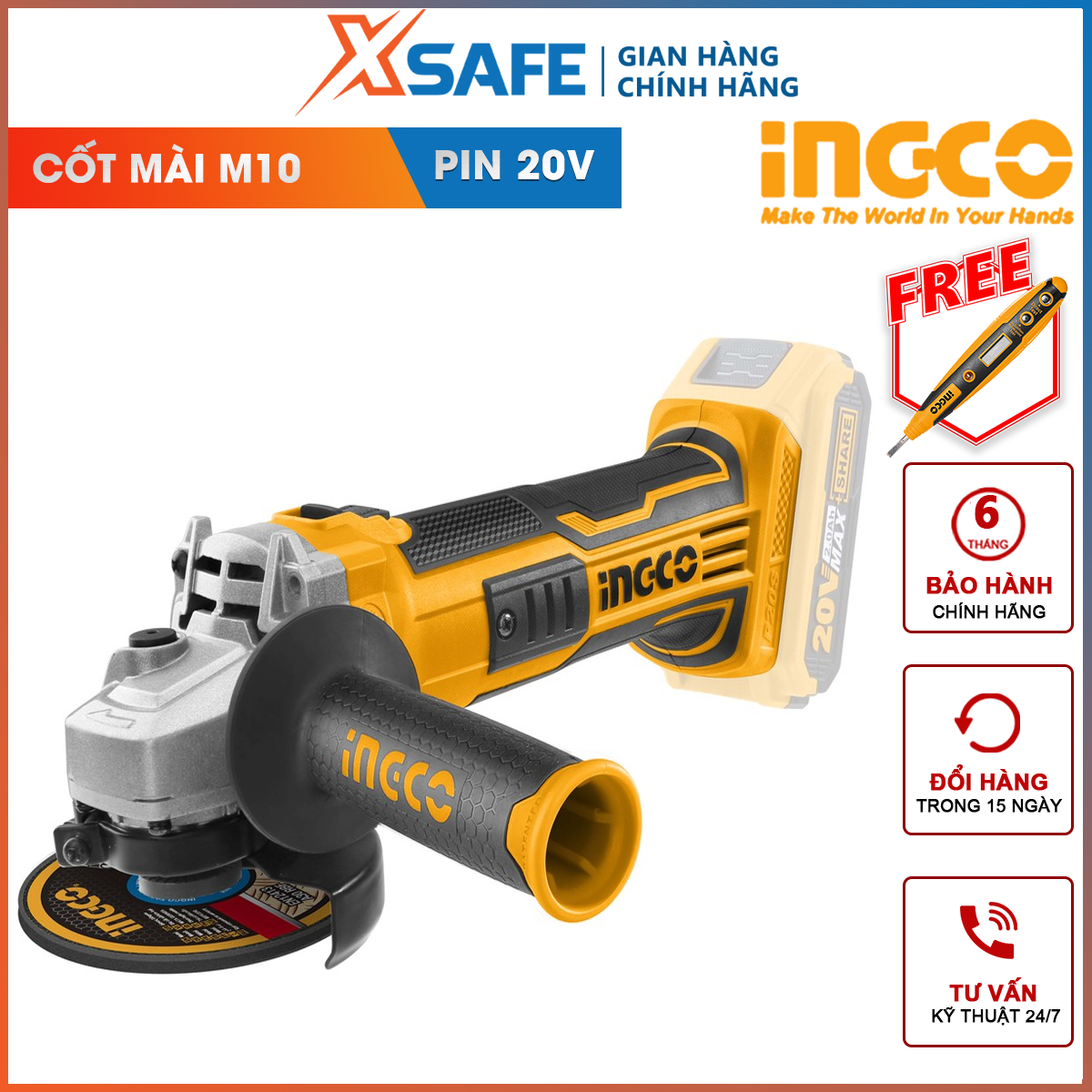 Angle grinder battery ingco CAGLI1001 | angle grinder portable voltage 20V, no-load speed 8500/min, diameter grinding disc 100mm, reinforced grinding M10 Để cutting, grinding stone, [genuine] [xsafe] NH surface gloss metal [XTools] [xsafe]