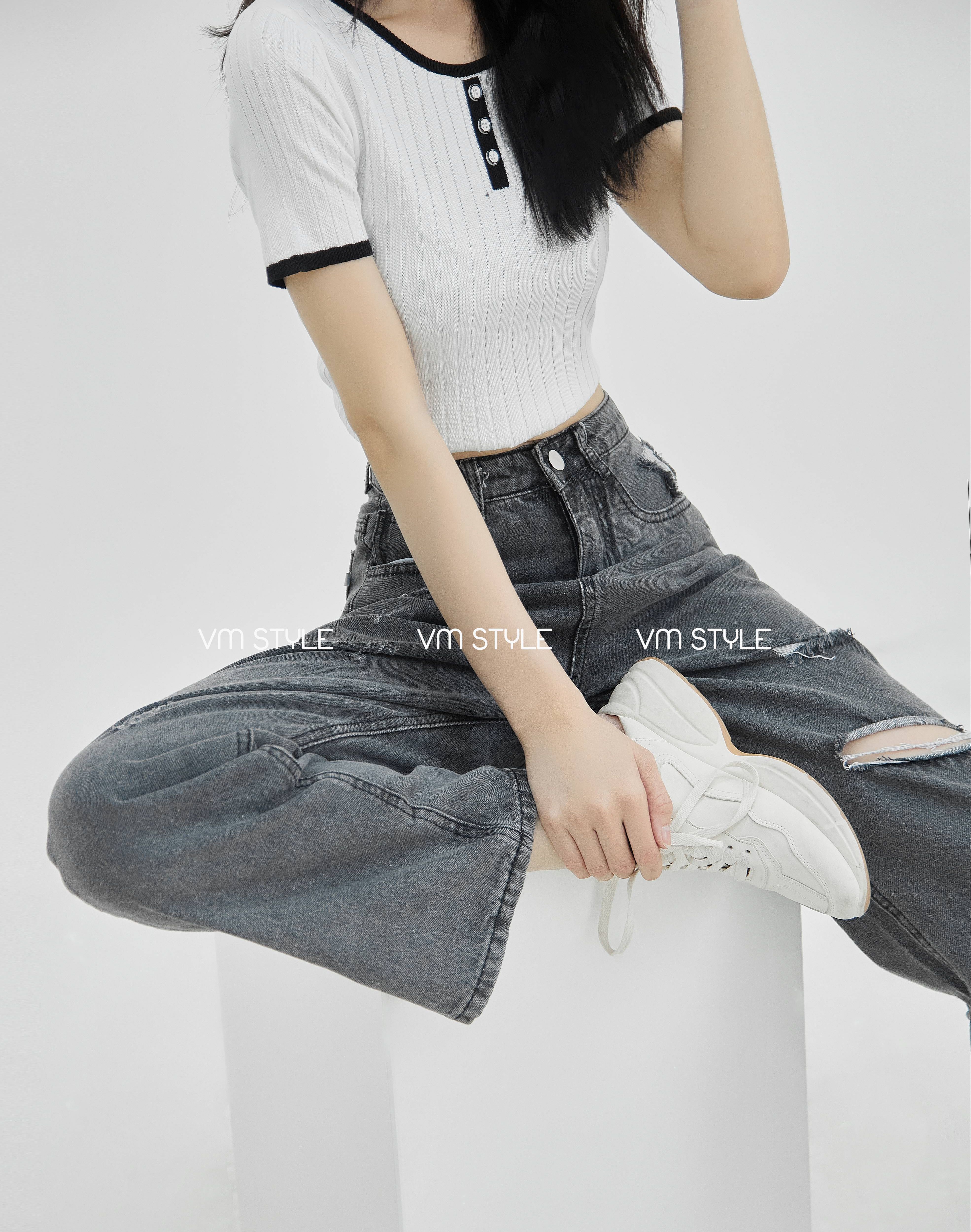 Quần jean nữ ống rộng VMSTYLE QJR00048 lưng cao hách dáng, xước rách cá tính lai thường 3529