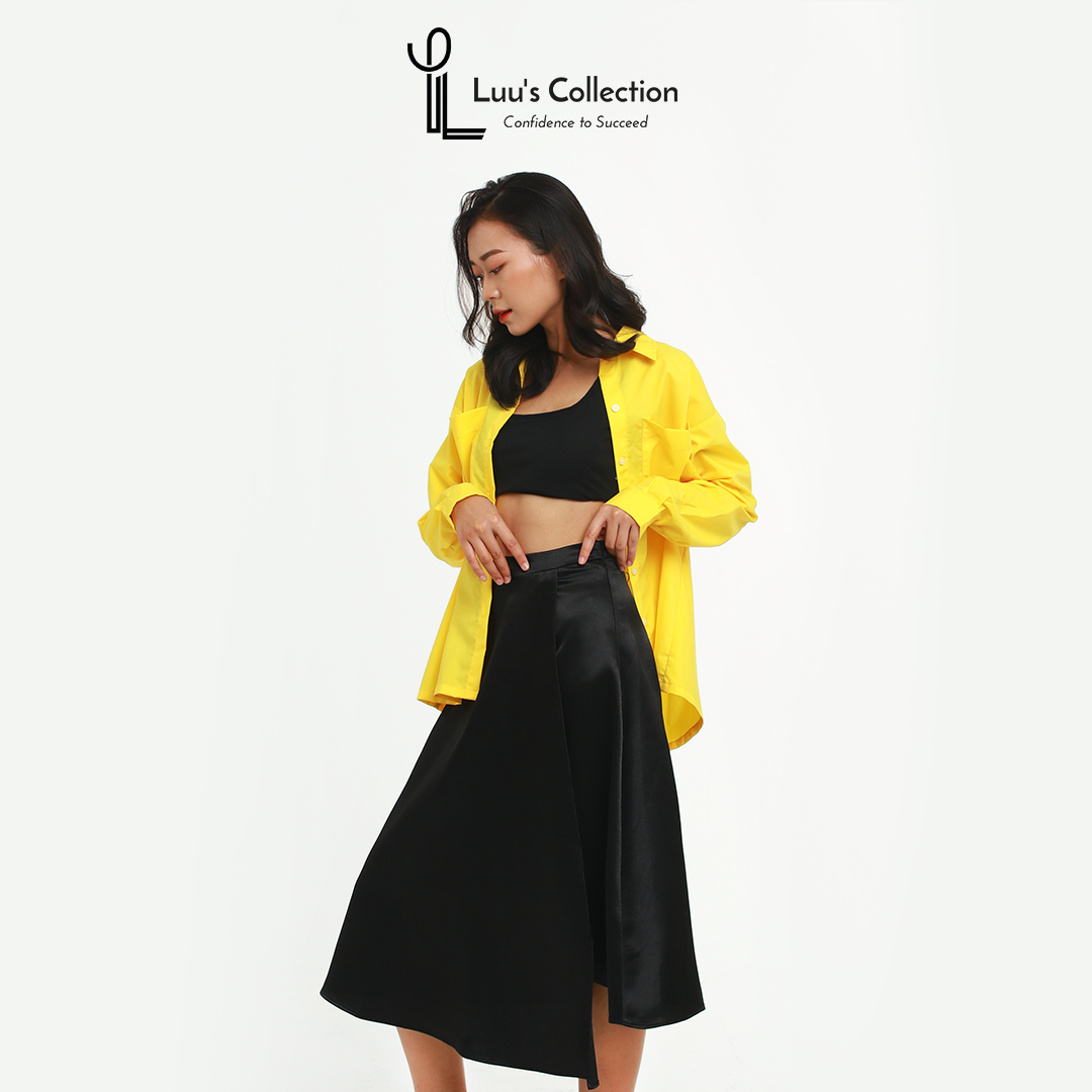 Chân Váy Midi Đắp Tà Màu Đen Và Vàng Đồng Chất Vải Lụa Luu's Collection