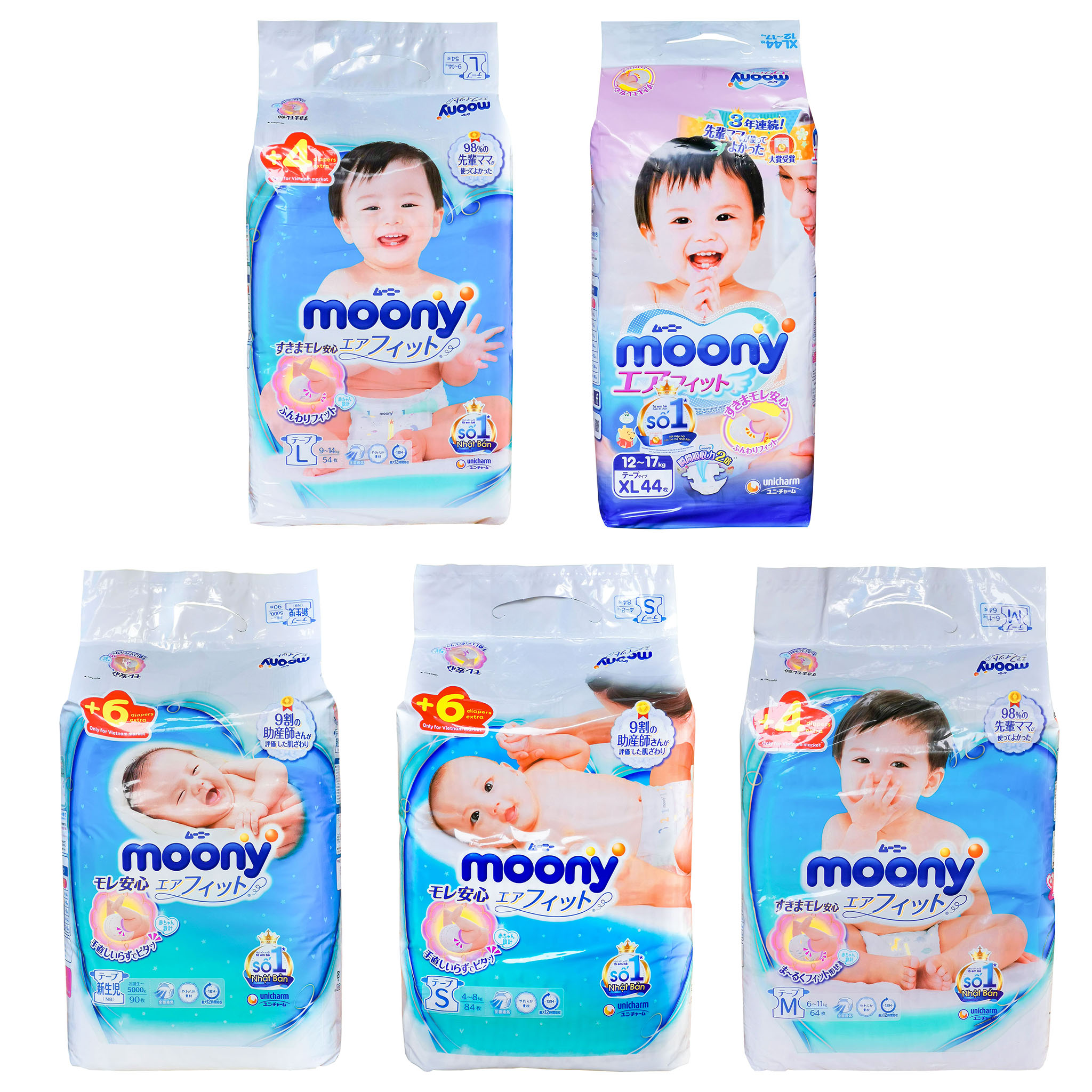 Tã Dán Moony Size NB90/S84/M64/L54/XL44