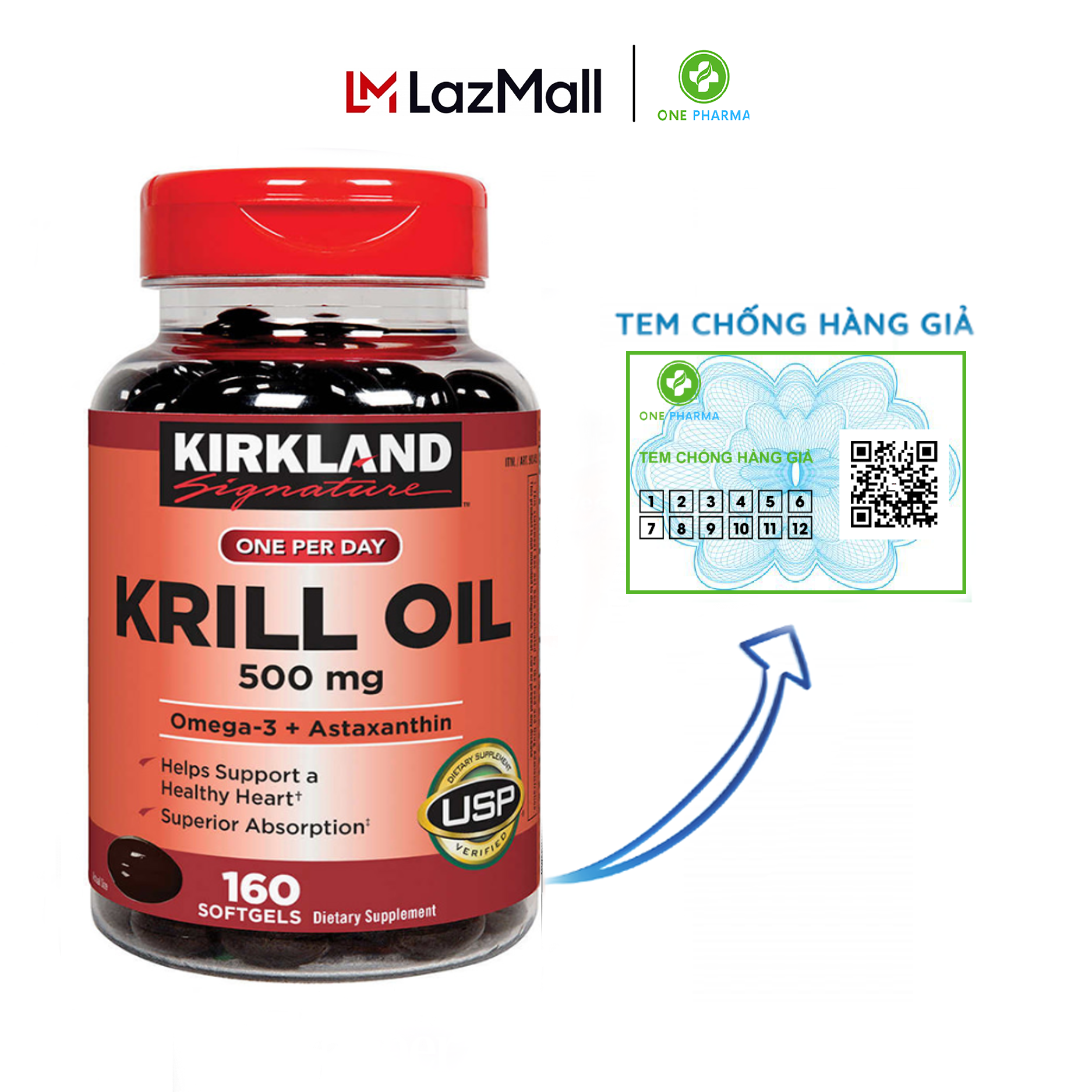 Dầu nhuyễn thể dầu tôm Kirkland Signature Krill Oil 500mg 160 Viên