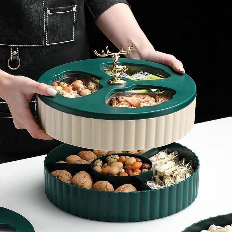Khay đựng mứt tết 2 tầng cao cấp, khay mứt con hươu vàng sang trọng, chất liệu nhựa abs, khay mứt, hộp đựng mứt tết