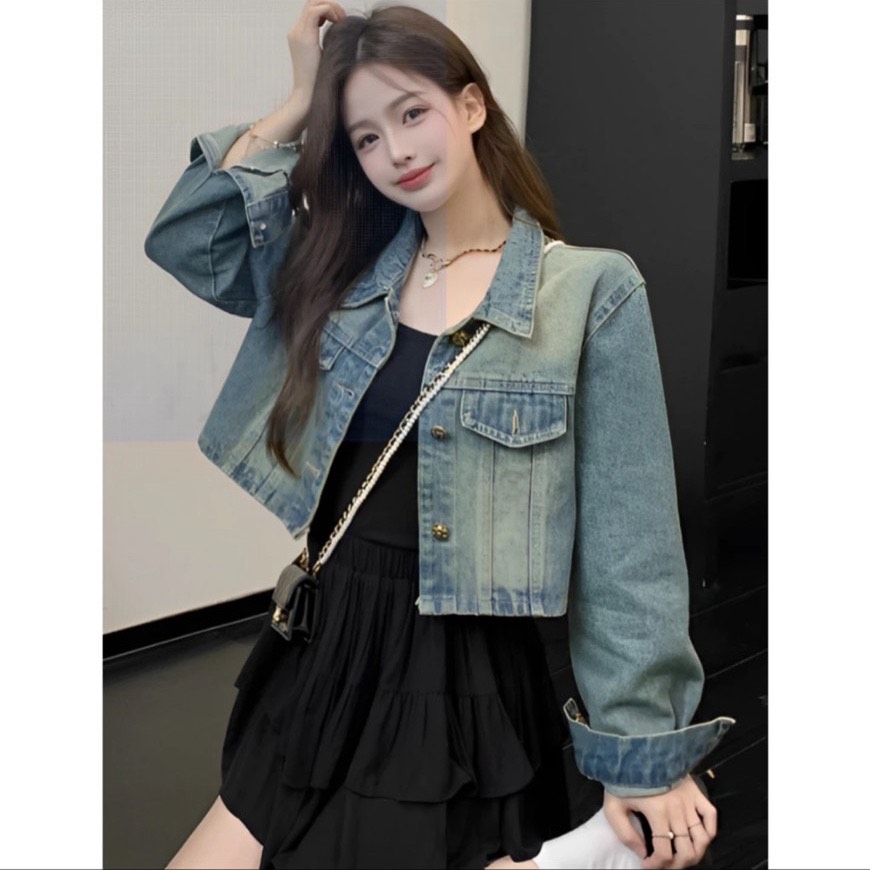 ÁO KHOÁC CROPTOP JEAN TAY DƠI CHẤT VẢI JEAN MỀM VNXK FREESIZE DƯỚI 65KG