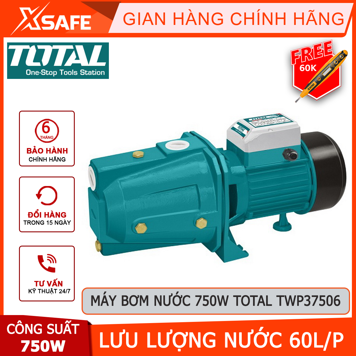 Máy bơm nước TOTAL TWP37506 Máy bơm nước dùng điện Công suất 750W Chiều cao bơm 45m Độ hút sâu 9m Lưu lượng 60L/p hỗ trợ đẩy nguồn nước, tăng áp lực đường nước ống, cung cấp nước cho lò hơi
