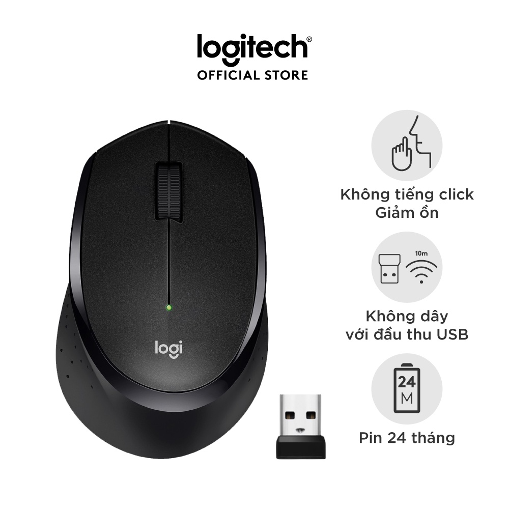 Chuột không dây Logitech M330 Silent Plus - Giảm ồn, USB, thuận tay phải, PC/ Laptop, check seri hàng chính hãng