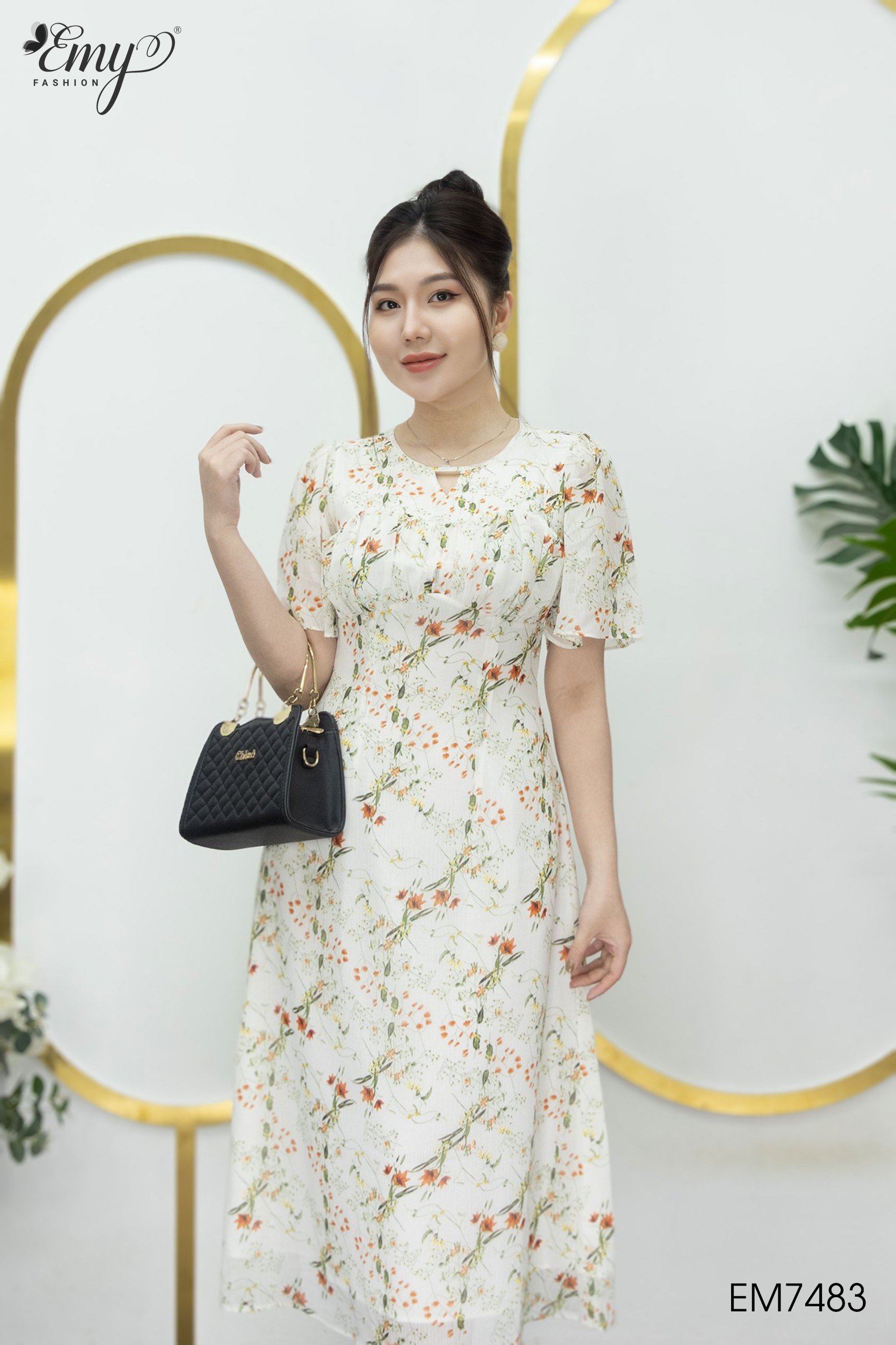 Đầm EMY EM7483 Xoè A Midi Nhún Cúp Ngực