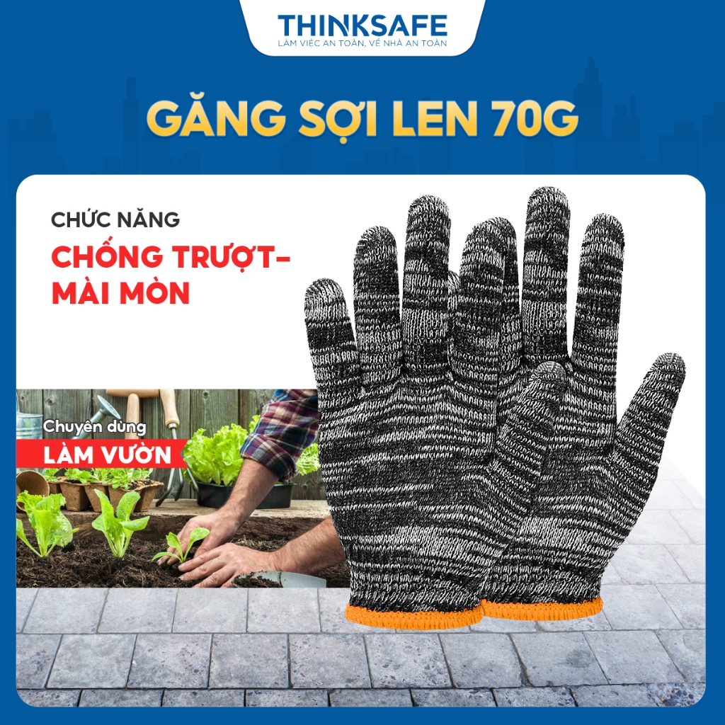 Găng tay lao động sợi len chất liệu cotton, 70gr co giãn chống trượt, thao tác linh hoạt, bao tay len bảo hộ - Thinksafe