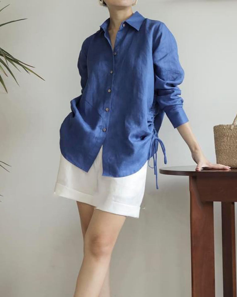 Áo sơ mi nữ dài tay Linen form rộng rút eo trẻ trung