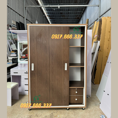 Tủ nhựa quần áo 3 cánh lùa màu nâu gỗ đậm có 2 hộc kéo giá rẻ giao lắp tại HCM và lân cận