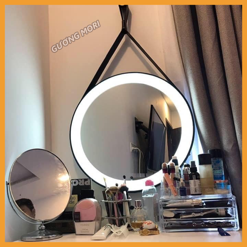 (SIZE 40cm) GƯƠNG TRÒN VIỀN DA CÓ ĐÈN LED
