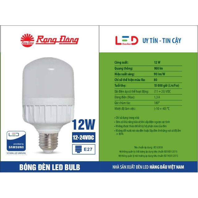 Bóng Đèn Led Rạng Đông DC 12-24v E27 7W 9W 12W 20W 30W