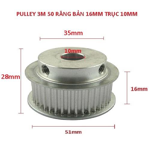 Buli bánh răng nhôm 3m50 50 răng rộng đai 16mm trục 10mm
