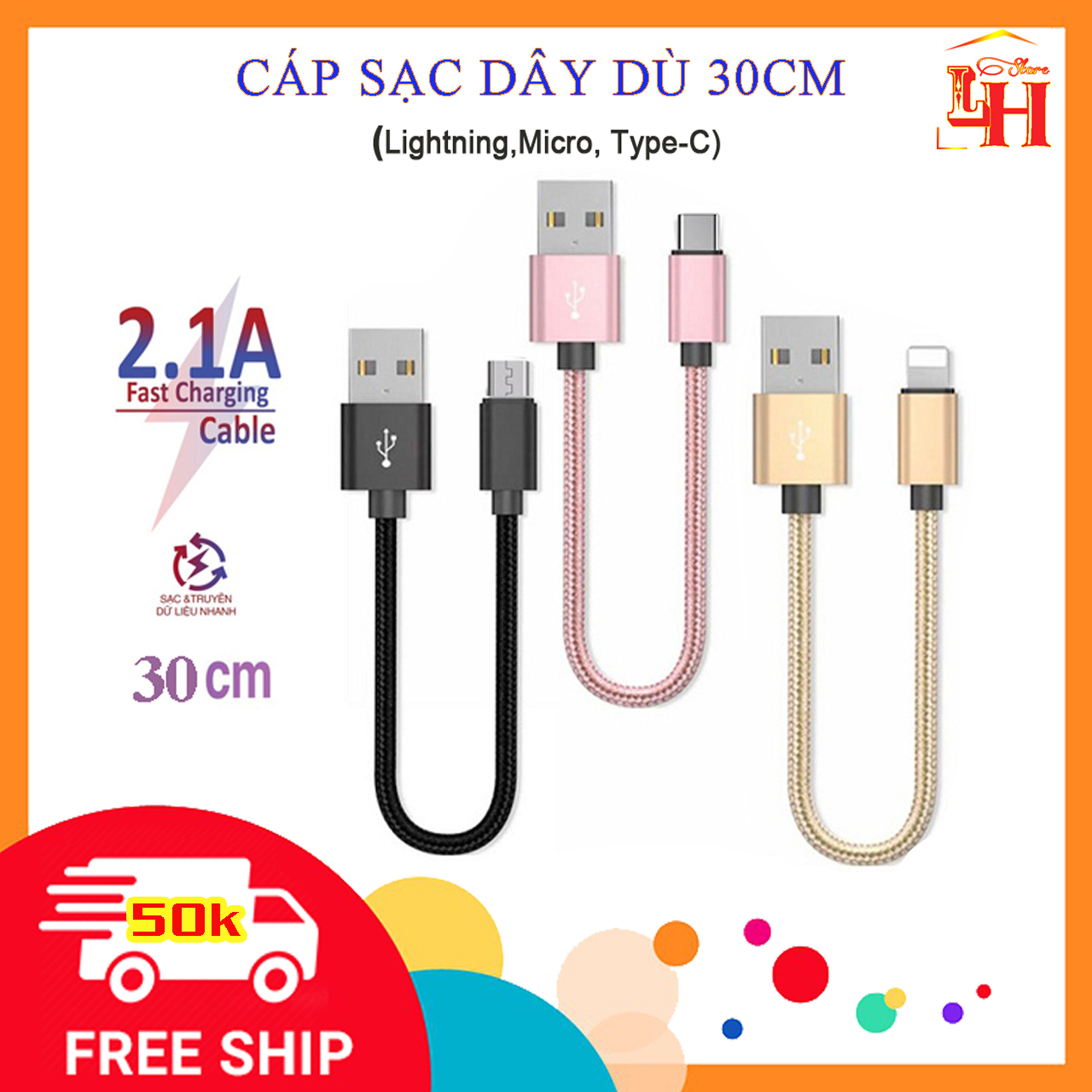 Cáp sạc dây dù ngắn 30cm tiện lợi, hỗ trợ sạc nhanh cho điện thoại iphone, samsung, oppo...dây sạt siêu bền chống đứt