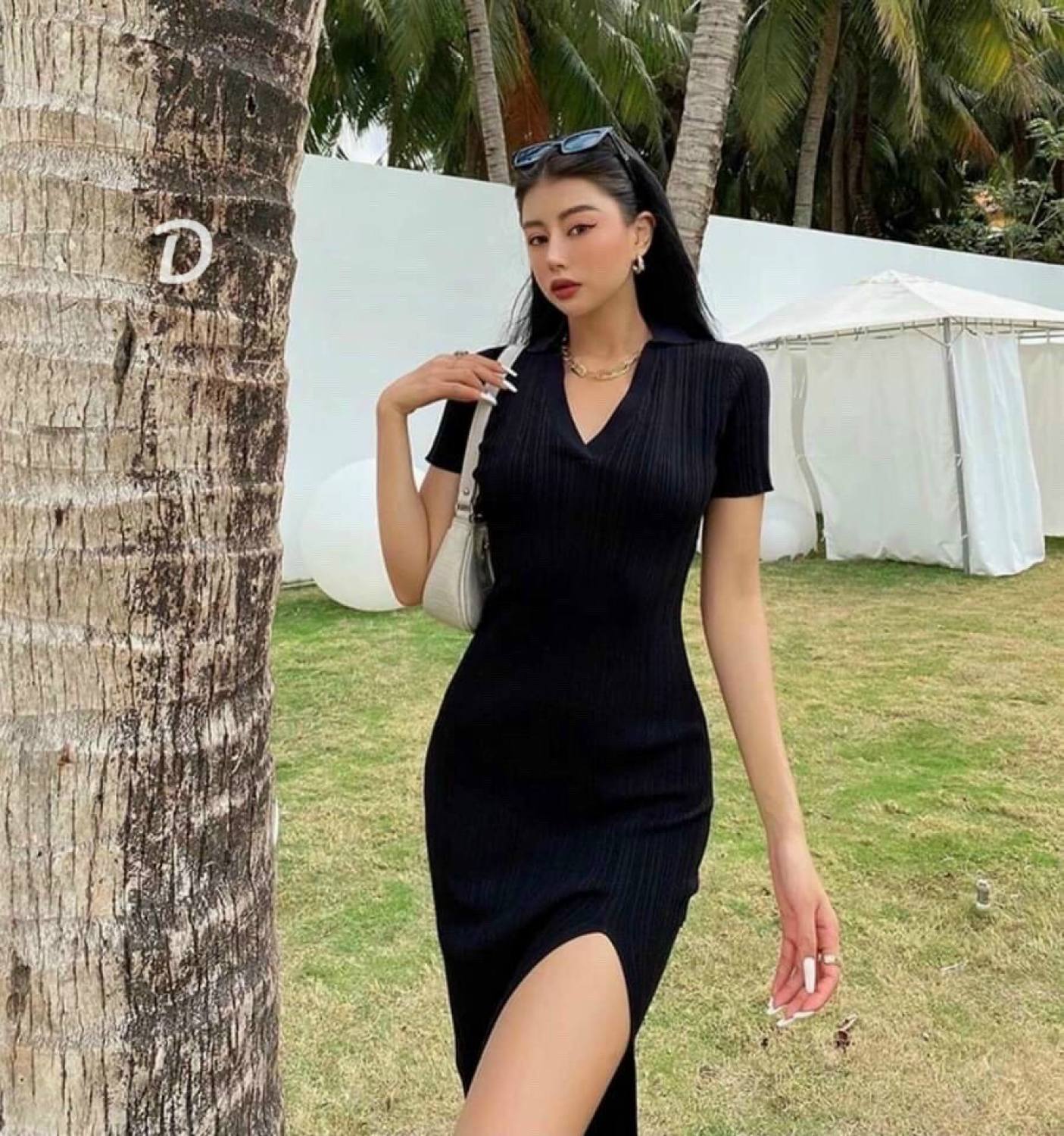 Đầm thun gân ôm body cổ v dáng váy dài xẻ tà quyến rũ, mặc siêu tôn dáng, kèm ảnh chụp thật trải sàn