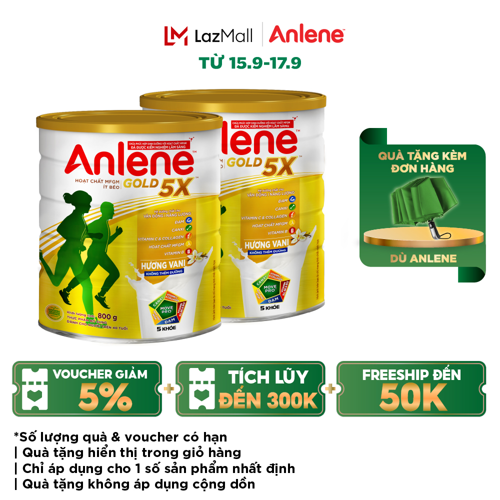 1517.9 TẶNG DÙ ANLENE Combo 2 Lon sữa bột Anlene Gold 5X hương vani 800g