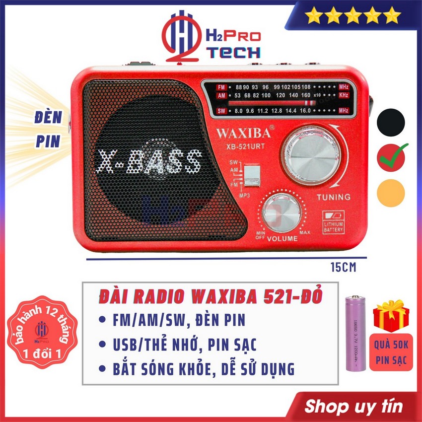 Đài Radio Sony - Waxiba 521U Cho Người Già Fm-Am-Sw Kiêm Máy Nghe Nhạc Usb-Thẻ Nhớ-Đèn Pin, Tặng Pin Sạc 50K-H2Pro Tech