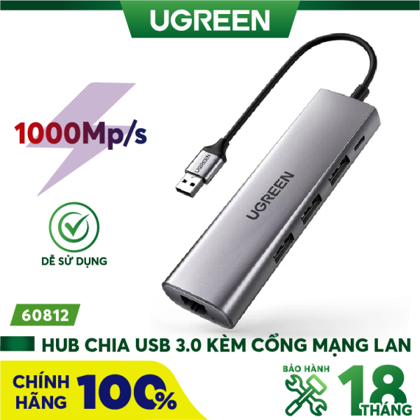 Bộ chuyển USB 3.0 sang LAN 1Gbps + Hub USB 3.0 3 cổng chính hãng UGREEN 60812 cao cấp - Hàng phân phối chính hãng - Bảo hành 18 tháng