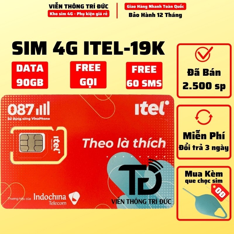 Sim 4G itel Mạng Vinaphone Gói May - Data 90Gb (3Gb/ngày) - Gọi Miễn Phí + 60 SMS - Sim 4G Giá Rẻ - Tk 0Đ Chưa Đk Gói