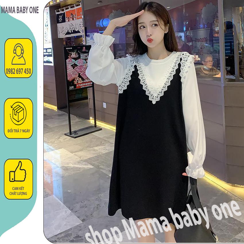 Váy len cao cấp tiểu thư - đầm bầu thiết kế màu đen pha trắng , thời trang công sở....