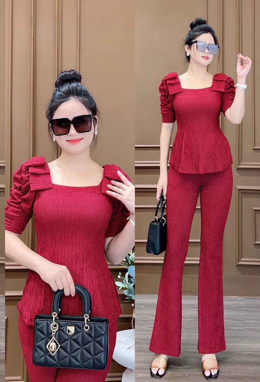 sét bộ thun xốp nhật ống loe xẻ tà eo cổ vuông
