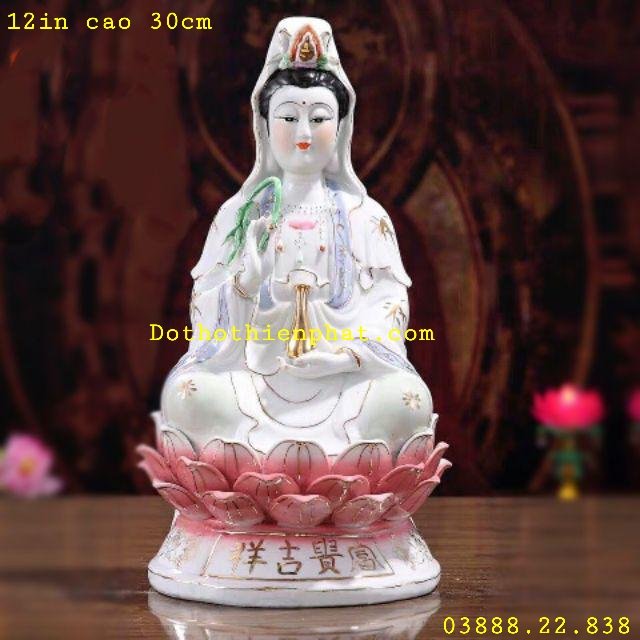 Tượng Quan Âm Sứ tòa sen hồng 12in cao 30cm