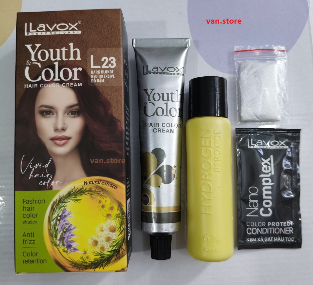[HCM] [Đỏ Đậm L23] Nhuộm Tóc Màu Thời Trang LAVOX 60mlx2 + Kèm Chai Oxy Trợ Nhuộm + 1 Gói Dầu Xả Giữ Màu Tóc + Găng Tay] - ĐỎ ĐẬM L23