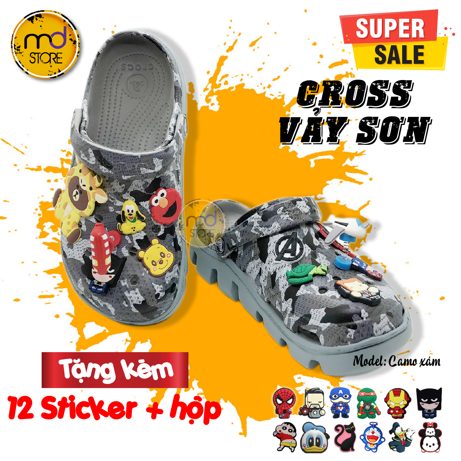 [Super Sale] Dép Cross vảy sơn Camo đế xám lượn sóng, Dép Cross cá sấu bít đầu - Tặng kèm 12 Sticker, Jibitz +Hộp