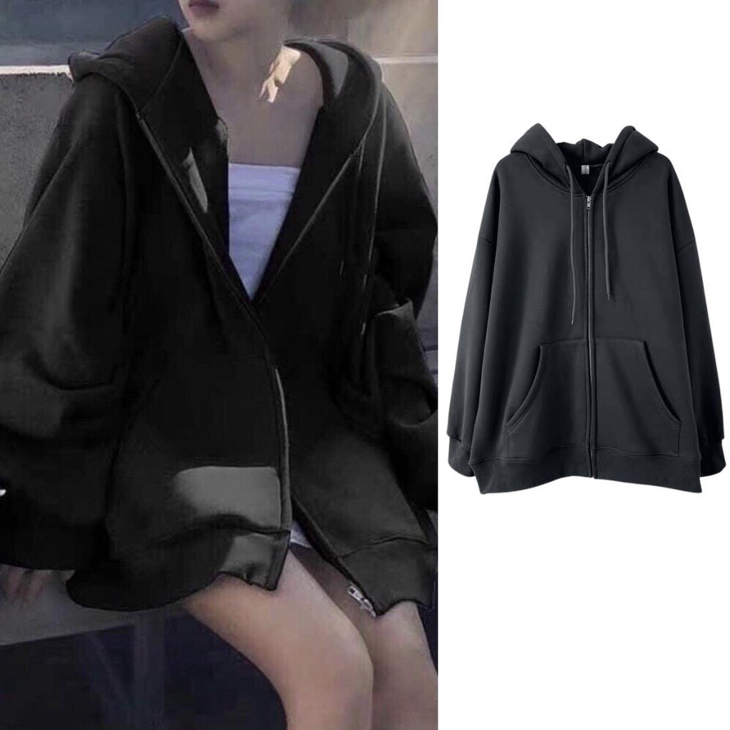 Áo Khoác Hoodie Trơn Khóa Zip Nam Nữ Ulazzang Unisex Hot Trend Bền Màu Blackwhite1