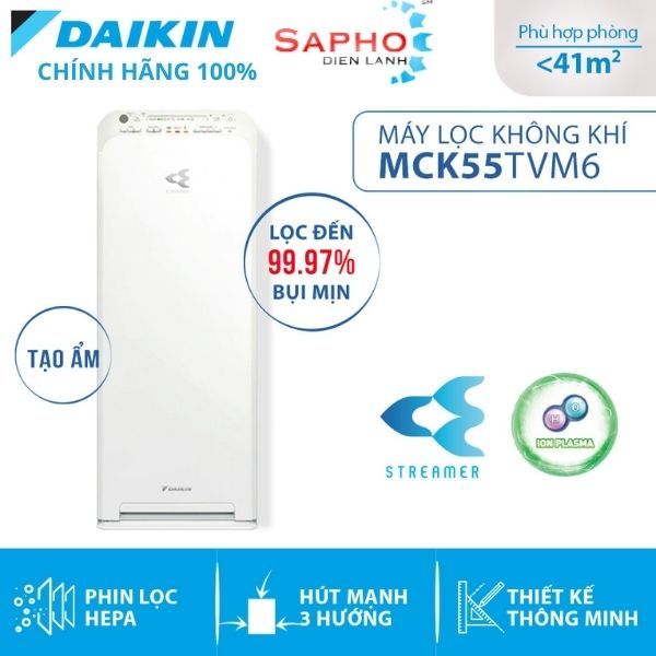 Máy lọc không khí Daikin MCK55TVM6 - Phin lọc tĩnh điện Hepa - Cảm biến PM2.5 - Công nghệ Streamer - Thiết kế nhỏ gọn  - Hàng Chính hãng Trả Góp 0%