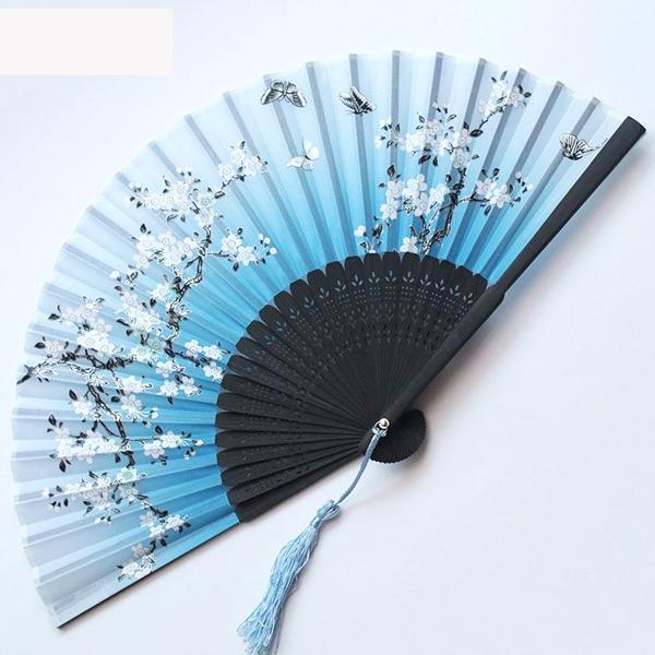 Quạt cổ trang dây tuyến 50 nền xanh hoa trắng Quạt xếp cầm tay phong cách Trung Quốc