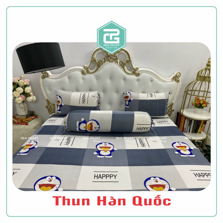 Bộ ga gối Thun Lạnh Hàn Quốc {4 món} họa tiết Doremon (1 ga bọc + 2 vỏ gối nằm + 1 vỏ gối ôm)