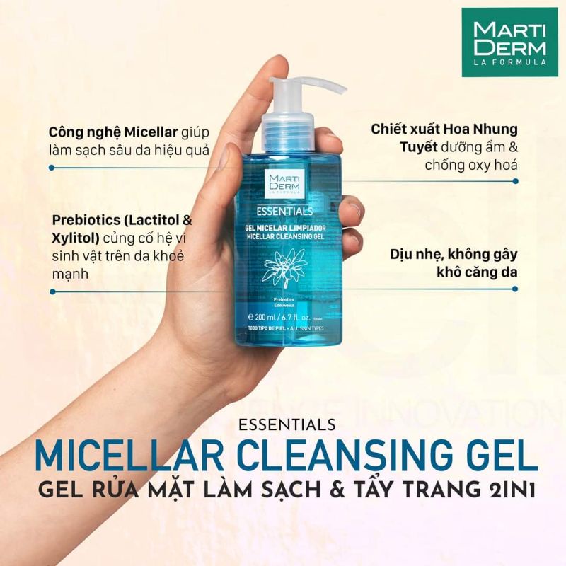 Tẩy trang Ma.rt.id.erm esentials miceller cleansing dạng nước không cồn sạch sâu mà dịu nhẹ cho da nhạy cảm