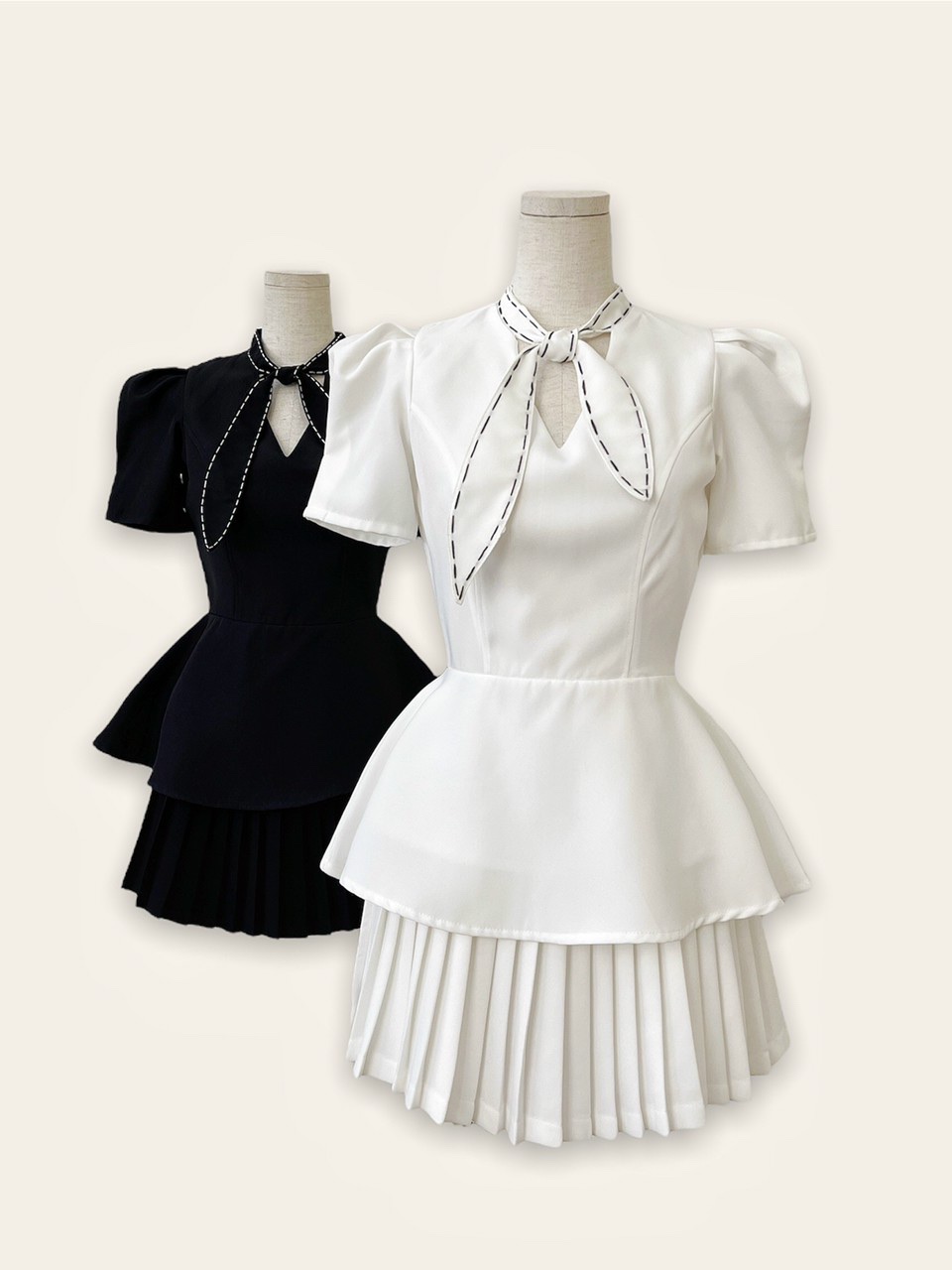 [Ảnh thật] Áo peplum cổ V chỉ nổi cột nơ cổ