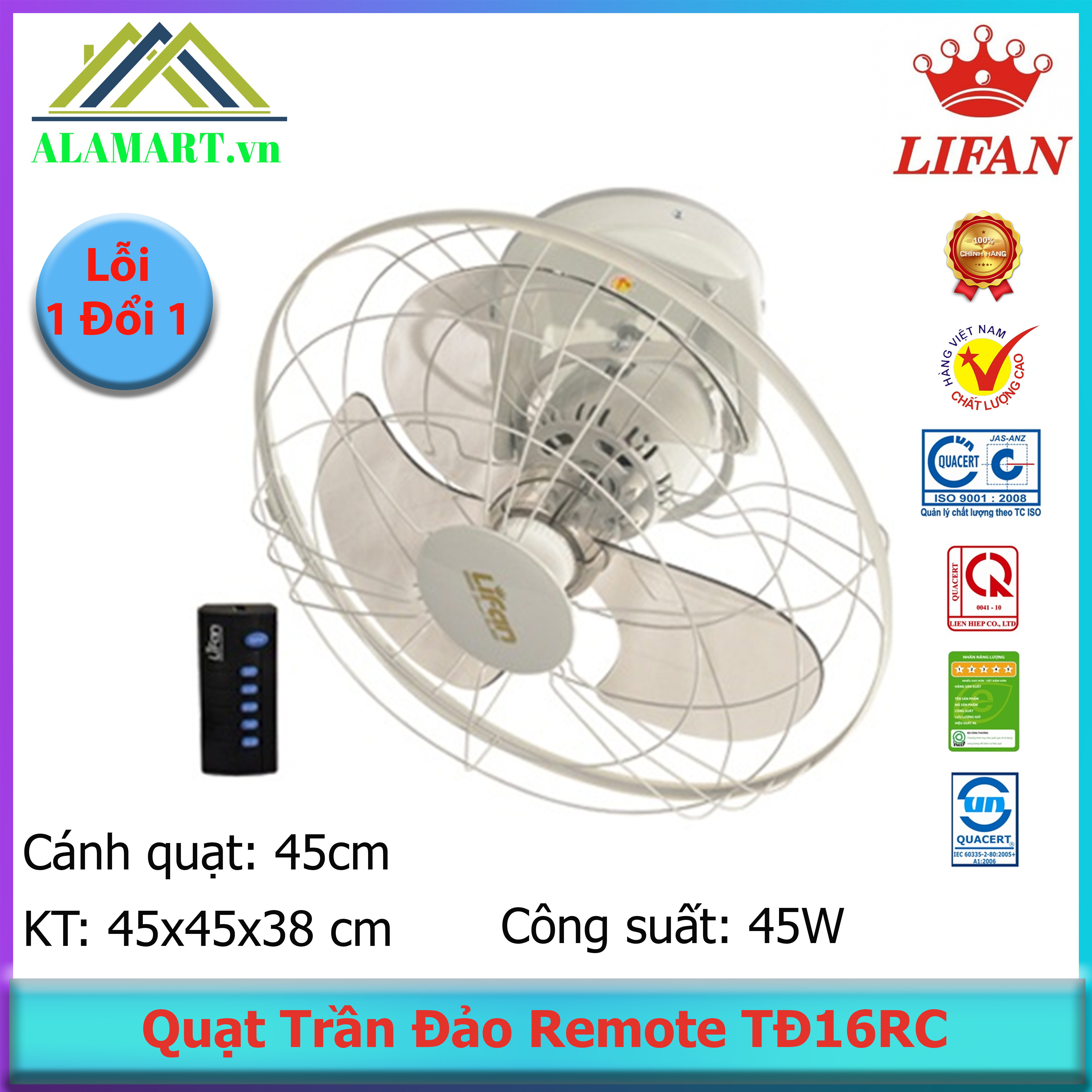 Quạt trần đảo remote lifan tđ-16rc